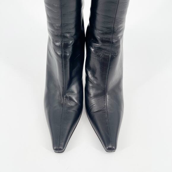 Jimmy Choo Peony Black Leather Pointed Square Toe Knee High Heeled Boot IT 39 - Picture 6 of 12